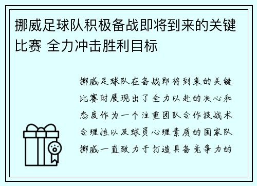 挪威足球队积极备战即将到来的关键比赛 全力冲击胜利目标